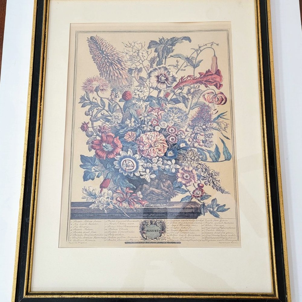 VTG Furber August Framed 22x17 Botanical Lithograph Art Print 12 Months Flowers